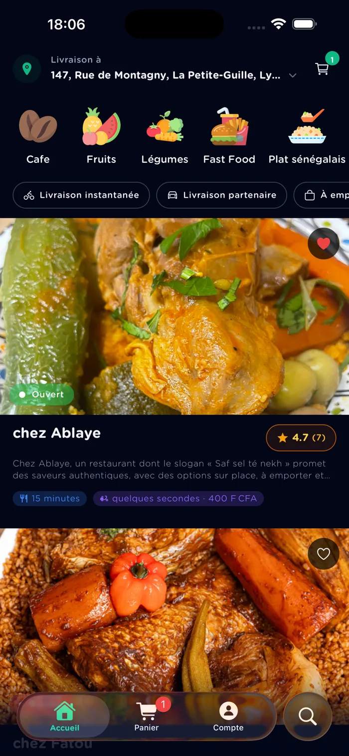 Écran d’accueil SenEats : catégories, restaurants et plats disponibles autour de vous