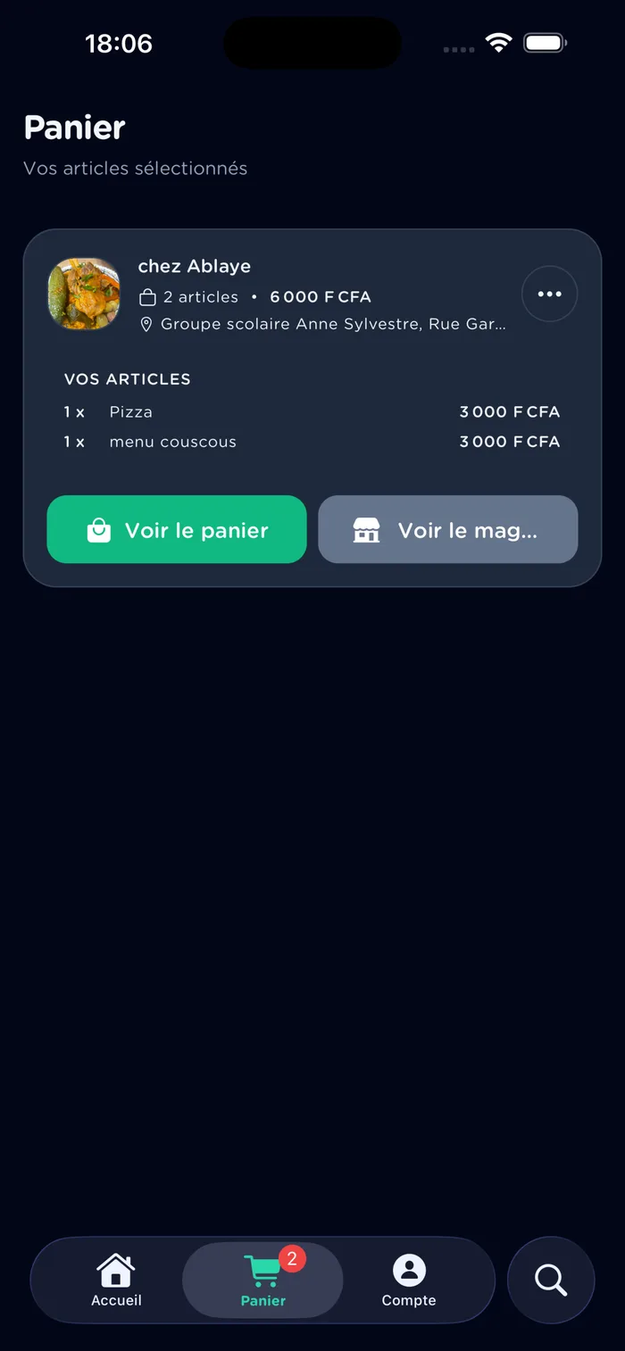 Panier SenEats avec les articles sélectionnés et le total en F CFA