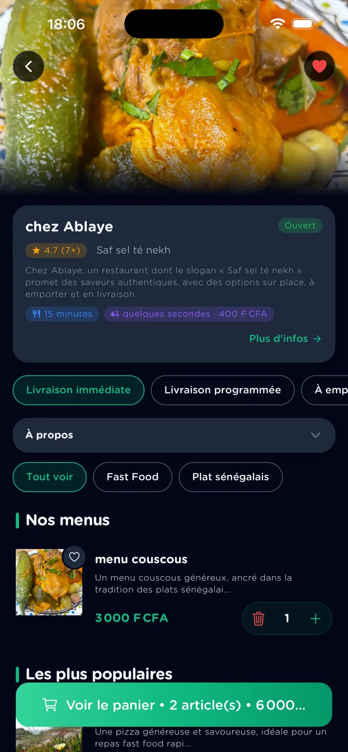 Fiche d’un restaurant partenaire avec ses menus, sa note et ses options de livraison