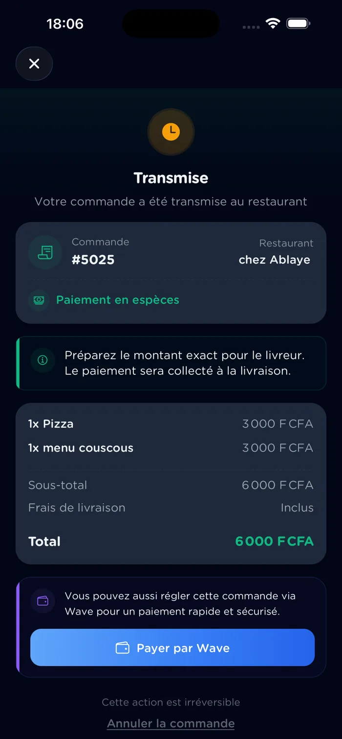 Suivi de l’état de la commande en temps réel avec paiement Wave